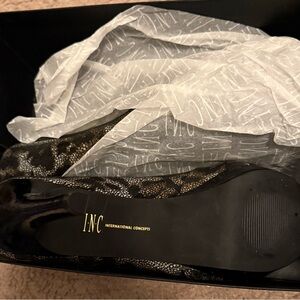 INC International Concepts Black Lace Pointed Toe Flats with Patent Trim